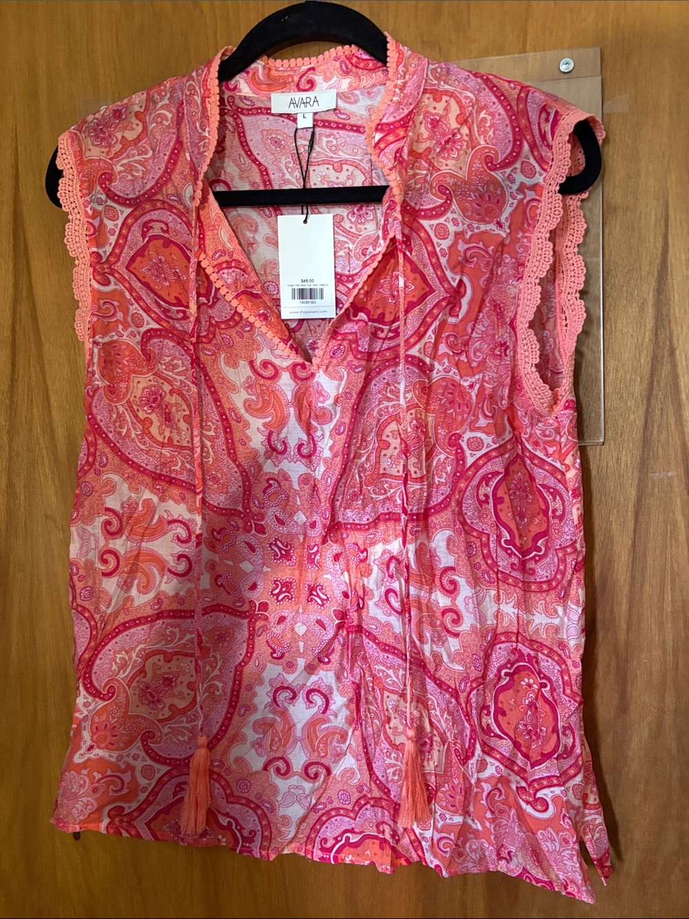 Avara Pink and Coral Paisley Tie-Neck Sleeveless Top